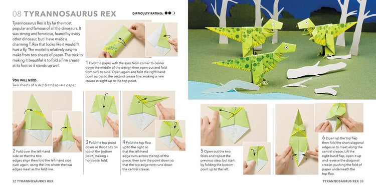 Origami Dinosaurs Paper Block Plus 64-Page Book